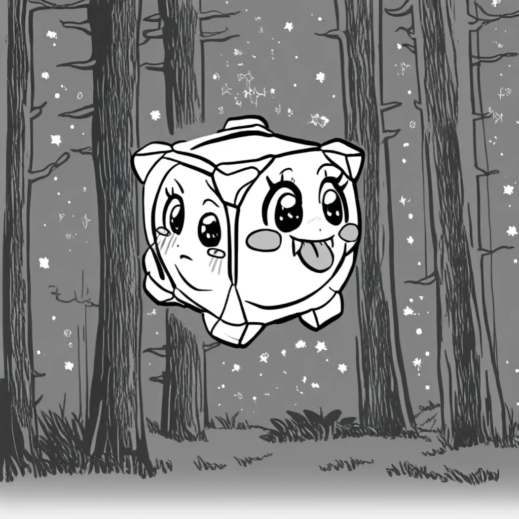 tongue out, star (sky), fangs, 1girl, colored skin, forest, full body, blush stickers, still life, pokemon move, cube, monochrome