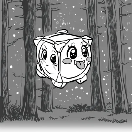 tongue out, star (sky), fangs, 1girl, colored skin, forest, full body, blush stickers, still life, pokemon move, cube, monochrome