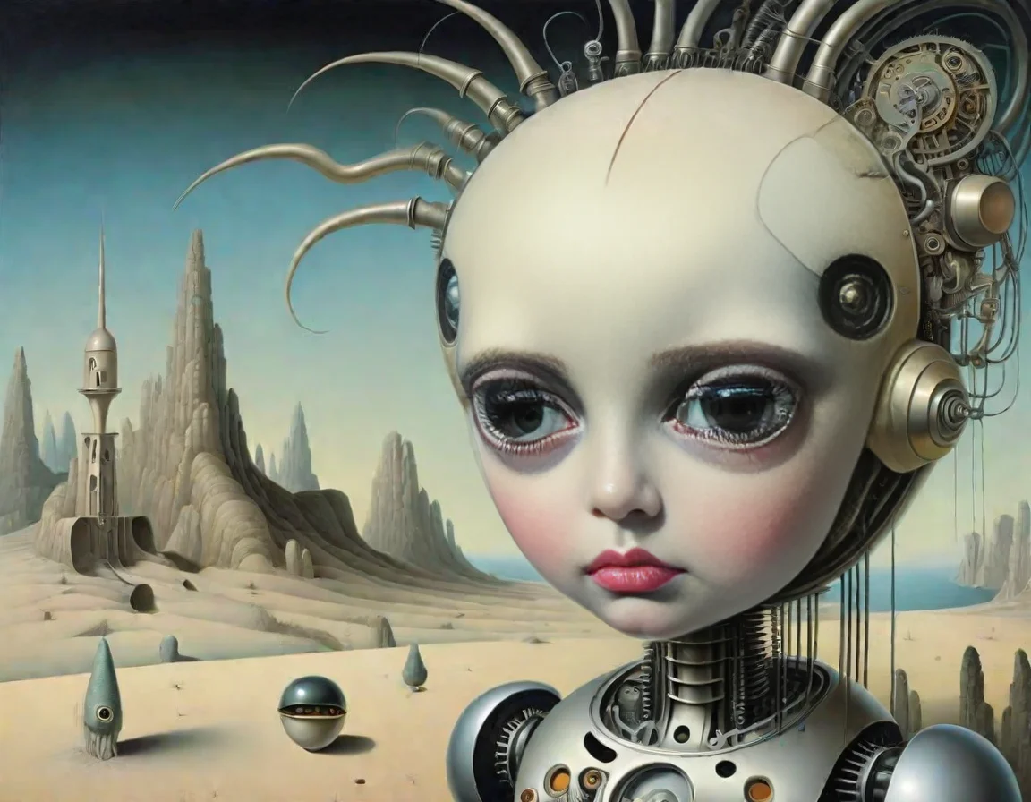 <lora:lowbrow_XL:1>, lowbrow, lowbrow-xl, surrealistic, absurd, bizarre, eerie, fanciful, fantastic and ludicrous, round head mechanical robot bright colored pastel Goth progressive metal album cover art hr giger, salvador dali,