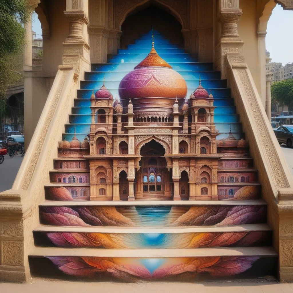 stairs art of a magnificent palace nestled amidst breathtaking scenic beauty, architectural grandeur, with its intricate details, majestic domes, and towering spires, stair-art, <lora:stair-art2:1>