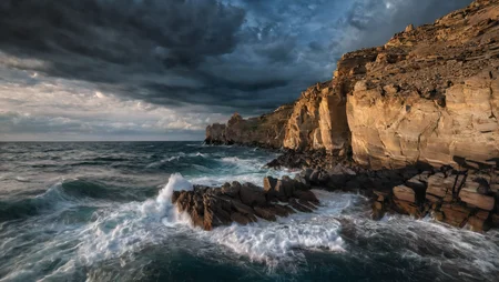 CINEMATIC SHOT, professional photo by Caravaggio of wild nature, Sachalin, cliffs, rock formations, sea waves, rough sea, dramatic clouds, rule of thirds, view from surface, (by Christopher Nolan:1.4),F11,(DOF, Cinematic Color grading, intricate, hyper realistic, detailed, flickr, cinematic lighting) <lora:Wild_nature_XL:1>