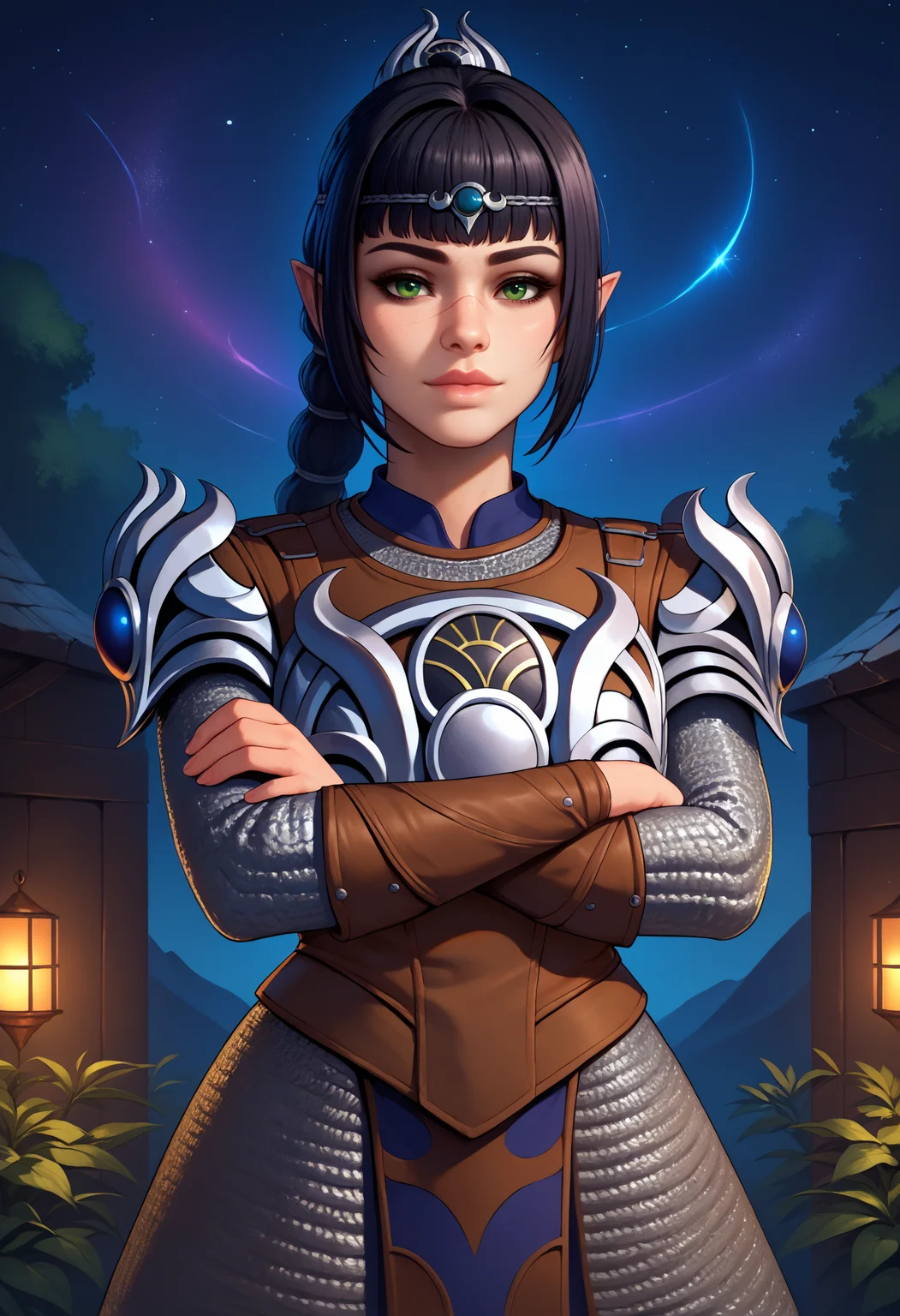 score_9, score_8_up, score_7_up, shaded, soft shading, BREAK 1girl, solo, ShhBG3, green eyes, freckles, nose scar, pointy ears, long hair, ponytail, black hair, fringe, <lora:ShadowheartBG3PDXL_V1-Manityro-adamw:1.0>, outdoors, dark, night, starry sky, nebula, looking at viewer, bedroom eyes, ShhArm, circlet, chainmail, armor, shoulder armor, breastplate, boots, crossed arms,