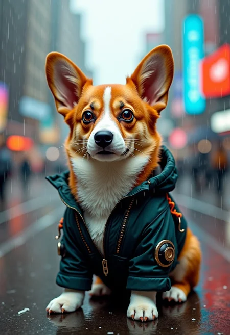 An adult corgi stands in a cyberpunk city, in the rain. He's wearing a cyberpunk style jacket. The corgi has an augmentation on his right eye and a lot of scars. Cyberpunk implants are visible on the corgi. A masterpiece, maximum detail, cinematography