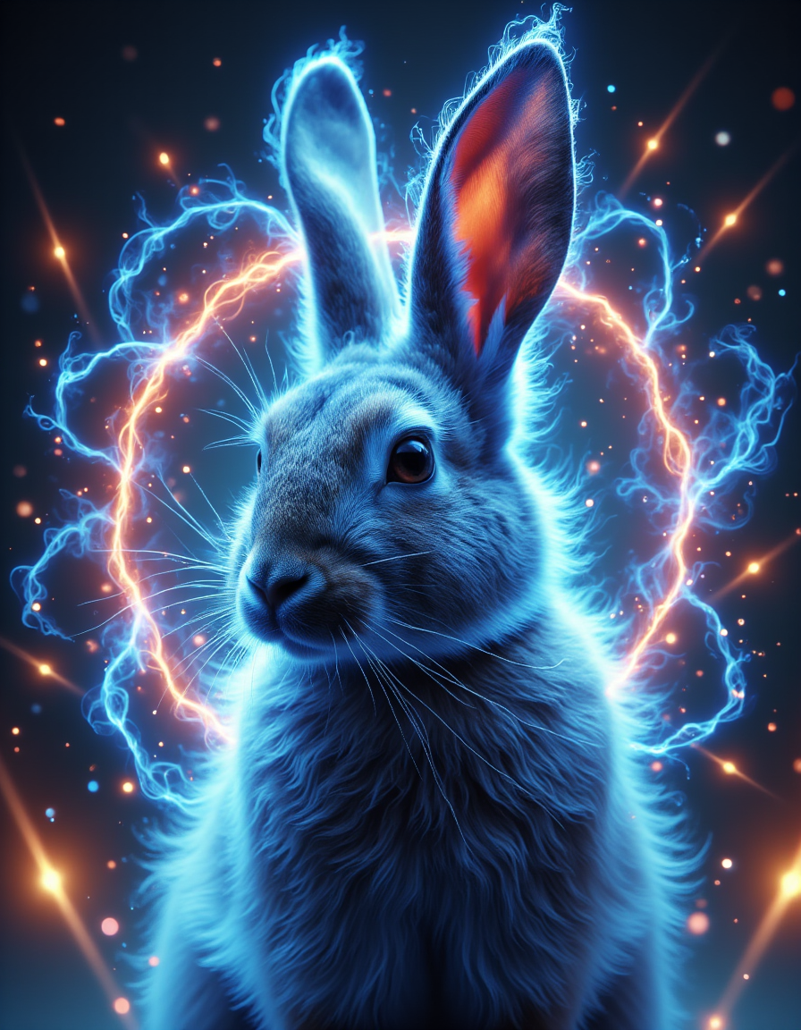 <lora:aura_v2_beta2:1>,auralora,the image features a rabbit. She has a determined expression on her face and is surrounded by a halo of electric sparks with intricate,cold glow.,