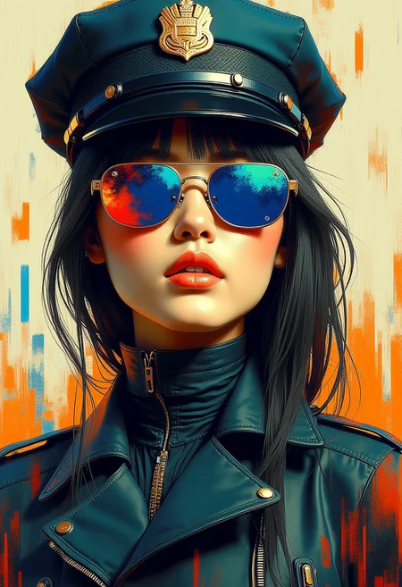 masterpiece, stylised painting of cyberpunk oriental policewoman, police cap, black leather jacket, reflective sunglasses, bangs, HD32K, wallpaper, hyperdetailed, mad-cybrpnkimprss