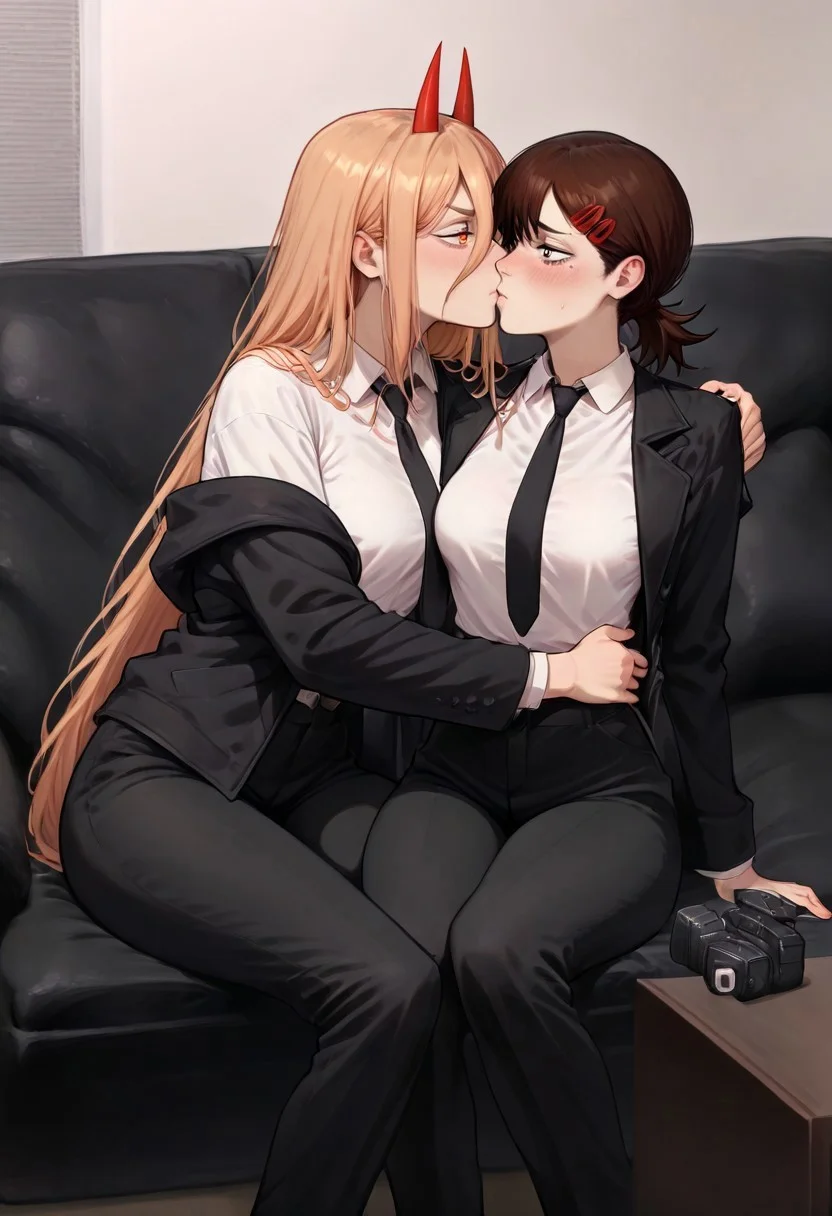 masterpiece, best quality, newest, absurdres, highres, anime, anime style, CCV1.0-IL, couch, black couch, casting couch,  camera, sitting on couch, sitting,
1girl, power (chainsaw_man), demon horns, long hair, blonde hair, very long hair, red horns, black necktie, horns, cross-shaped pupils, shirt,
1girl, higashiyama kobeni (chainsaw_man), brown hair, collared shirt, black necktie, black jacket, 
yuri, lesbian, kiss, hug, kissing, hugging,