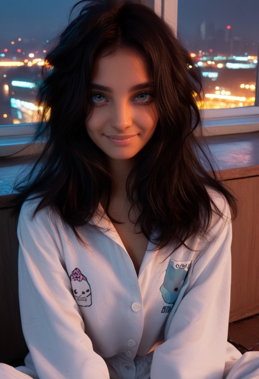 Score_9, Score_8_up, Score_7_up, 1girl, 25 years old, young woman, upper body close-up, long pitch-black hair, flowing silky straight hair, smooth skin, bright blue eyes solo, simple pajama, top floor penthouse window, sitting by the window, moody lighting, dynamic lighting, cyberpunk city background, blur background, looking_at_viewer, smile, rsgrl, russian girl, , btiflgrlsnrv4, Indian girl , Indian beauty, most beautiful and attractive, sexy body,