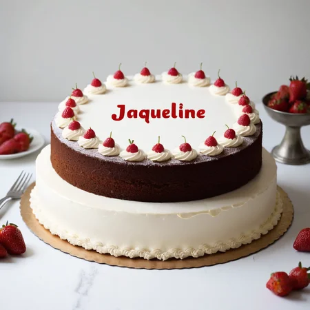 large cake on a table with text:"Jaqueline" <lora:text:1>