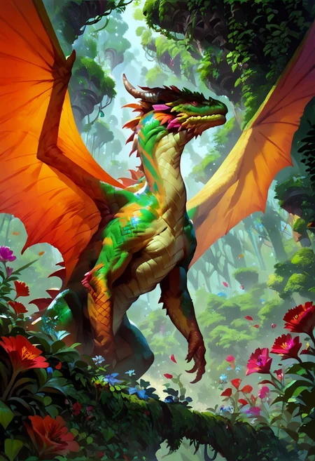 score_9, score_8_up, 8, score_7_up, score_6_up, solo, lizard head, Unfazed dragon, yellow dragon, wings, rushing in the lush green forest, dutch angle, flowers, colorful