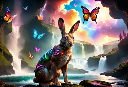 A Fantasy shot of a hare standing by a waterfall, colorful butterflies flying around, appears trapped in an optical illusion of reflections and refractions colorful, clouds, sunset
