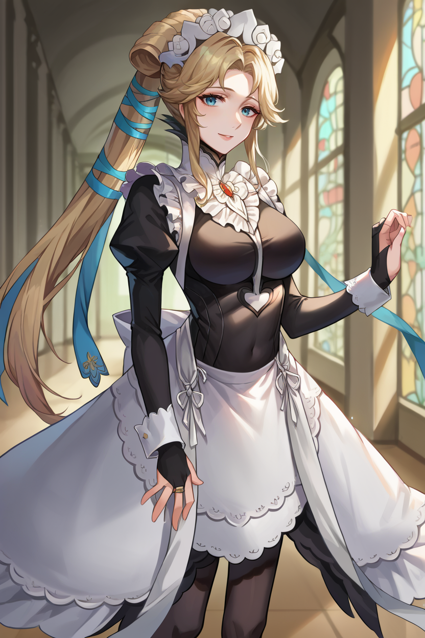 score_9, score_8_up, score_7_up, score_6_up, source_anime, 1girl, solo,  <lora:fenyna-pdxl-nvwls-v1-000005:1> fenyna, blonde hair, long ponytail, hair ribbon, crown, large breasts, hallway, mansion <lora:fatesmaid-fe-richy-v1_pdxl:1> fates maid, maid headdress, maid apron, bridal gauntlets, black thighhighs, looking at you, smile
