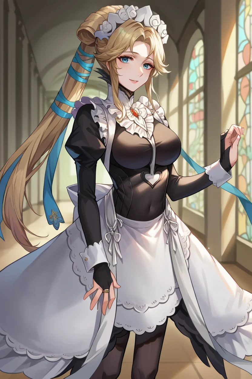 score_9, score_8_up, score_7_up, score_6_up, source_anime, 1girl, solo, <lora:fenyna-pdxl-nvwls-v1-000005:1> fenyna, blonde hair, long ponytail, hair ribbon, crown, large breasts, hallway, mansion <lora:fatesmaid-fe-richy-v1_pdxl:1> fates maid, maid headdress, maid apron, bridal gauntlets, black thighhighs, looking at you, smile