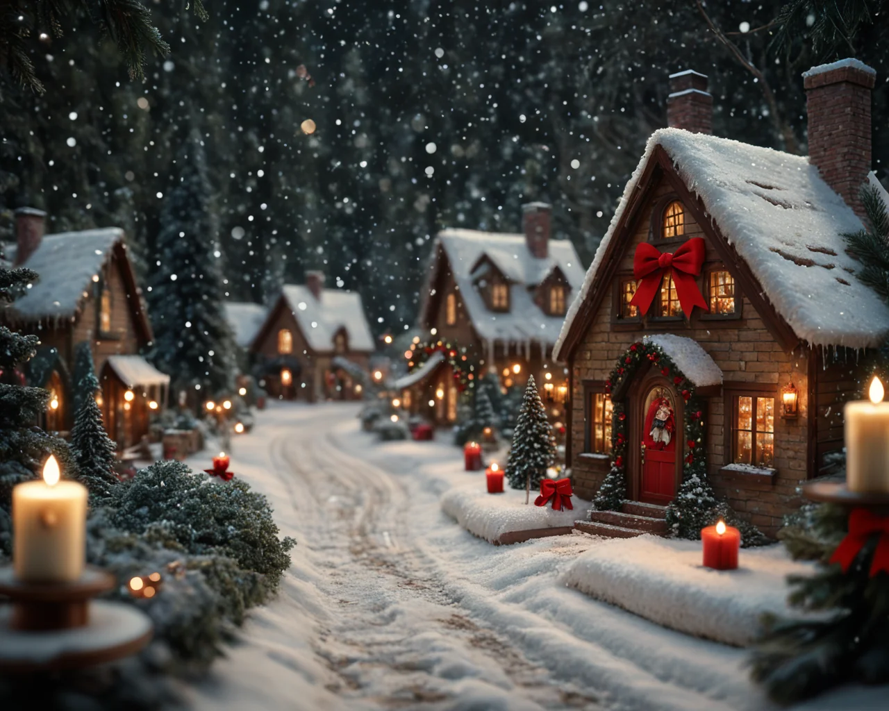 score_6_up,score_5_up,score_4_up, masterpiece, best quality, very aesthetic, life-like, depth of field, detailed textures, bright colors, natural light, ultra HD, fine details, soft background blur, <lora:Wolvies_Christmas_Village_STYLE_v241215.0040:1> xmas_village, holiday, Christmas, scenery, night, winter, Christmas tree, lamppost, a small village at (night:1.1), at Christmas time, with candles in the windows, snow covered, falling snow, cozy look at feel, cheery, incredible quality, highly realistic, incredible detail, 32k, complex, photographic quality, masterpiece, best quality, very aesthetic,, Albumen print, 1800s, depth of field, tilt shift, cottage, storybook architecture, Thomas Kinkade style, shimmering lights, brilliant colors
