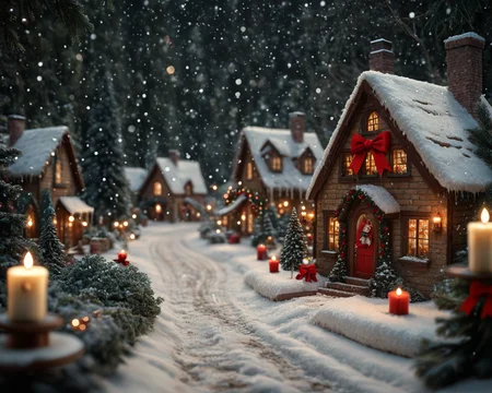 score_6_up,score_5_up,score_4_up, masterpiece, best quality, very aesthetic, life-like, depth of field, detailed textures, bright colors, natural light, ultra HD, fine details, soft background blur, <lora:Wolvies_Christmas_Village_STYLE_v241215.0040:1> xmas_village, holiday, Christmas, scenery, night, winter, Christmas tree, lamppost, a small village at (night:1.1), at Christmas time, with candles in the windows, snow covered, falling snow, cozy look at feel, cheery, incredible quality, highly realistic, incredible detail, 32k, complex, photographic quality, masterpiece, best quality, very aesthetic,, Albumen print, 1800s, depth of field, tilt shift, cottage, storybook architecture, Thomas Kinkade style, shimmering lights, brilliant colors
