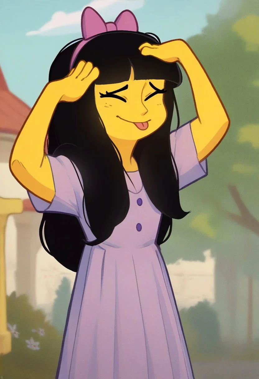score_9, score_8_up, score_7_up, AhEtoBlehMeme, closed eyes, tongue out, :p, hands on own head, smile, <lora:AhEtoBlehMeme_pdxl_Incrs_v1:1> jessica_lovegood, black hair, long hair, yellow skin, hair bow, dress,