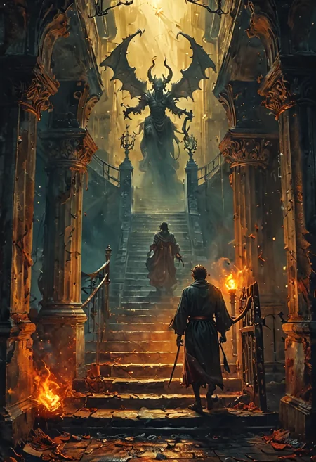 the staircase which is the only escape from hell, the stairs glow with divine light, guarded by a demonic gate keeper, who will let none pass, two tone background going from dark gloomy hell up into bright freedom, vivid colours,
<lora:sdxl_lightning_8step_lora:1> , <lora:MJ52:0.8>