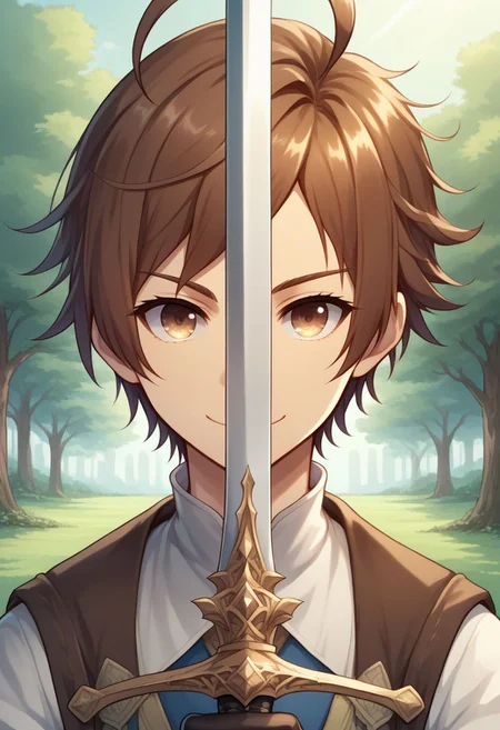 sscore_9, score_8_up, source_anime, highly detailed, 1boy, solo, skinny,
yew, 1boy, brown hair, male focus, vest, gloves, ahoge, smile, happy, closed mouth,
swordup, looking at viewer, close-up, long sword,
outdoor,