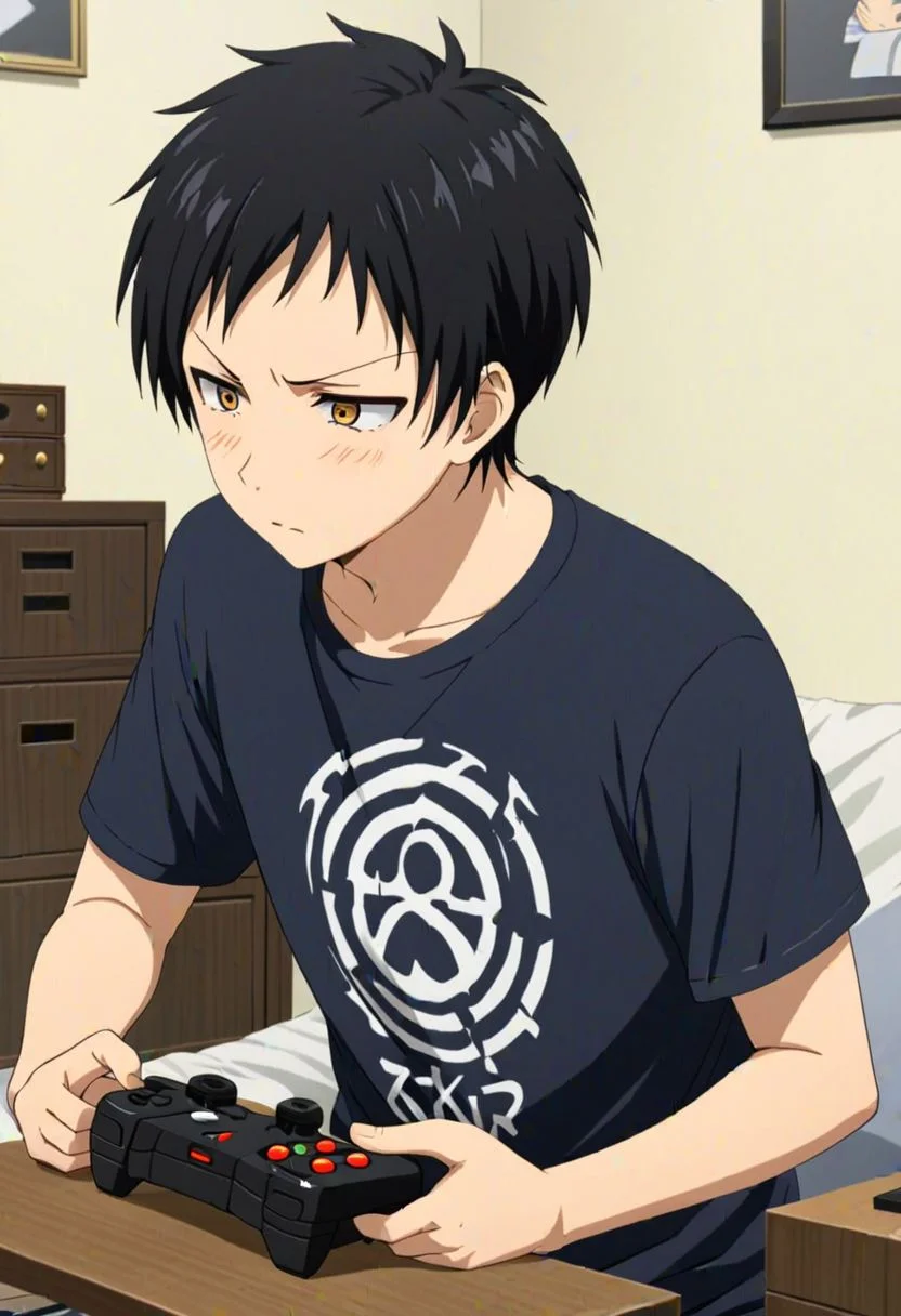 Sasuke Tsubaki, Yellow Eye, masterpiece, best quality, (1boy), solo, male focus, High definition, Black hair, 4K, T-shirt, heartless, thinking, stress , distress, tired, playing a game