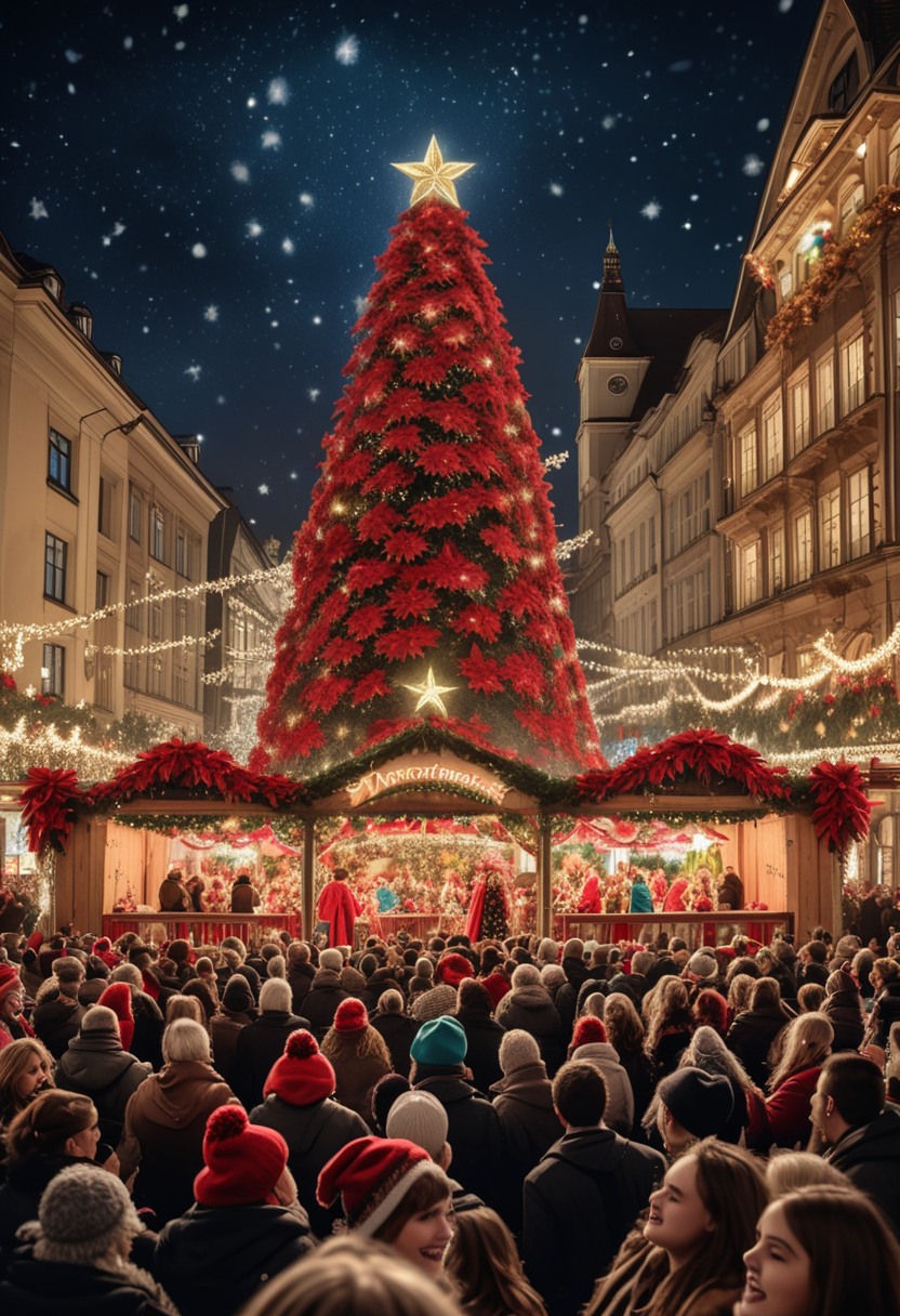 photo of christmas Market, Entertainment Stage, Center stage surrounded by eager spectators, festive music filling the air, lively performers adorned in colorful costumes, towering poinsettias framing the stage, a backdrop of twinkling stars, during autumn, in the afternoon ,Masterpiece,best quality, raw photo, realistic, very aesthetic