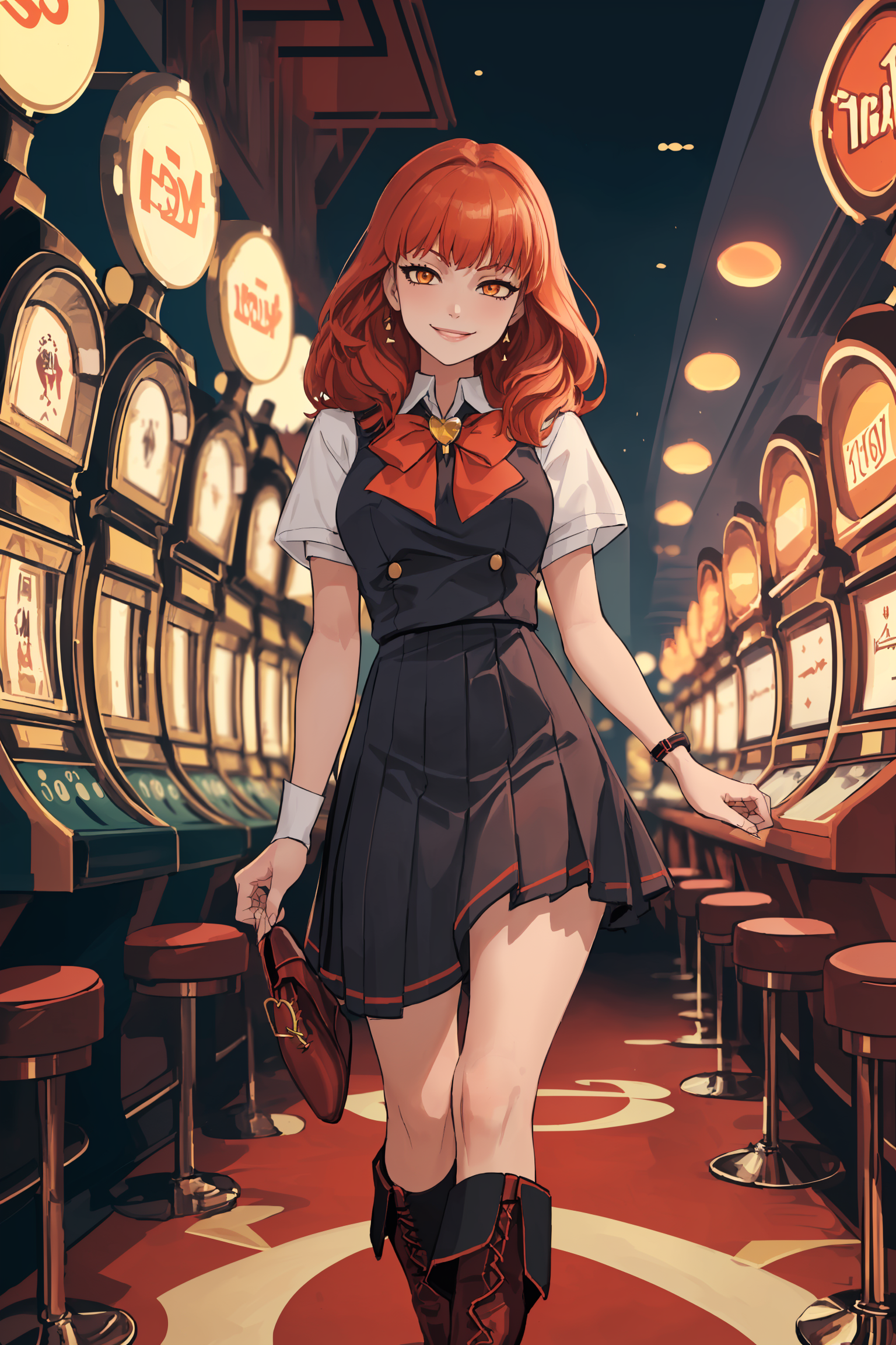 masterpiece, best quality, absurdres, 1girl, solo, smile, standing, facing viewer, <lora:EPfeCelica-08:0.7>, EPfeCelica, orange eyes, red hair, repetition, las vegas, casino, evening, arm support, school uniform, brooch, ankle boots, smirk