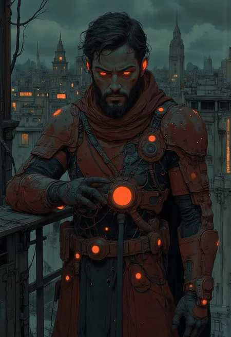 A male assassin in a dark red cyber body suit with black accents. His eyes glow red. Beard, open face
He is in a standing on a rooftop in the night. Neon lights lit up nearby
The figure exudes an aura of authority and mystery, a symbol of strength and dominance.
The man contrasts against a backdrop of a post apocalyptic city. The scene has a dark, atmospheric tone with a sense of foreboding and intensity,
Full body, wide shot, holding katana
