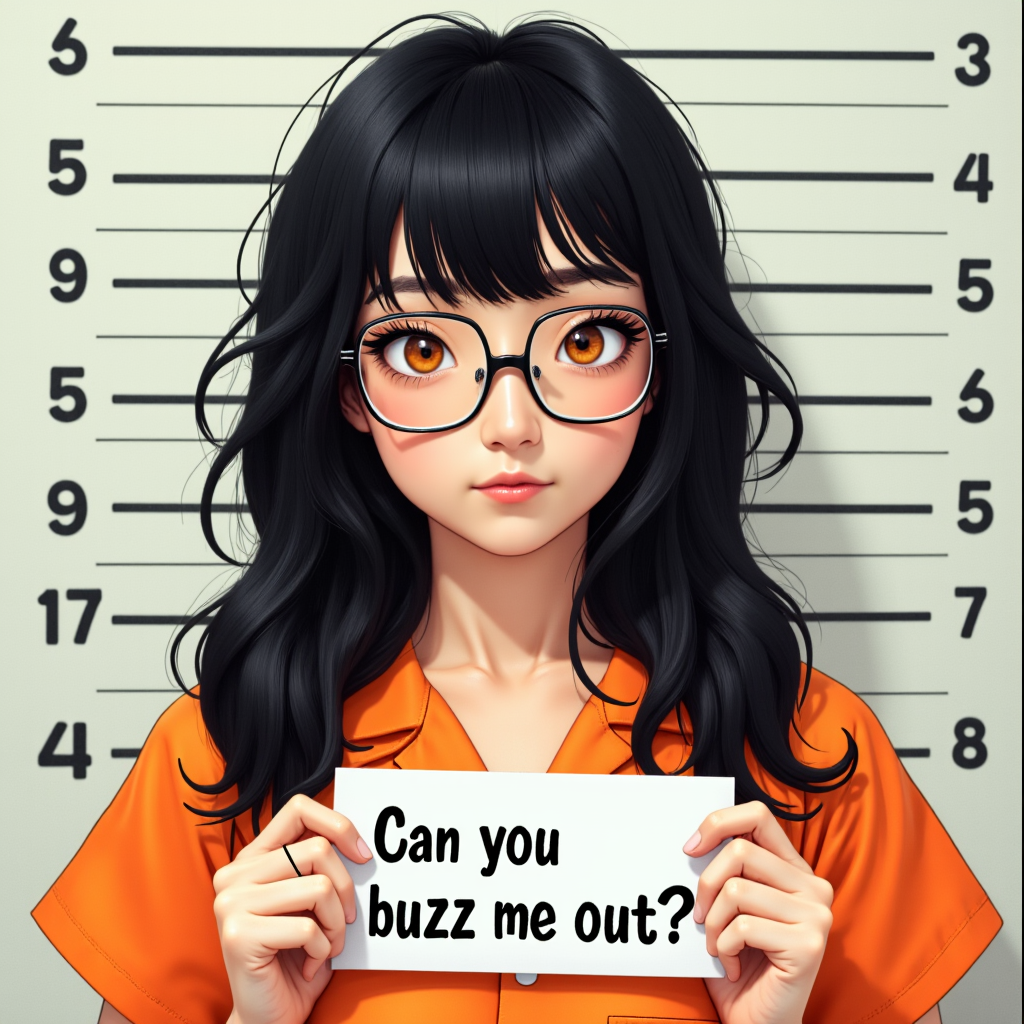 A ((realistic photo)) of a Chinese woman with long messy black hair with bangs, glasses, orange eyes, and a cute round face with a mischivous expression. She is wearing an ((orange jumpsuit)). In the background are equidistant horizontal lines, typical of a jail mugshot frame. The woman is holding a placard at her chest that says "Can you buzz me out?"