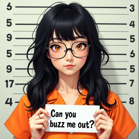 A ((realistic photo)) of a Chinese woman with long messy black hair with bangs, glasses, orange eyes, and a cute round face with a mischivous expression. She is wearing an ((orange jumpsuit)). In the background are equidistant horizontal lines, typical of a jail mugshot frame. The woman is holding a placard at her chest that says "Can you buzz me out?"