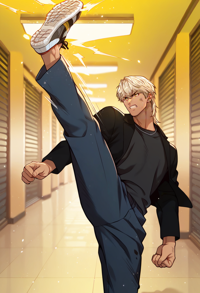 1boy, male focus, solo,
<lora:Character - Questism - JaehaHanPony-40:1> jaehahan, blonde hair, brown eyes, necklace, stud earrings, dark-skinned male, 
,((zPDXL)), score_9_up, score_8_up, score_7_up, score_6_up, score_5_up, score_4_up, best quality, amazing quality, best aesthetic, amazing aesthetic, absurdres, year2023, uncensored, very nsfw, official art, official style, depth of field, detailed eye,
, night, hallway,  indoors, black shirt, jacket,  pants,  angry, (kicking:1.4), motion lines, serious, dirty face, dirty clothes, dirty, clenched teeth, fighting stance, shoes, fighting, 
<lora:Style - Expressive_H-000001:1> expressiveh
