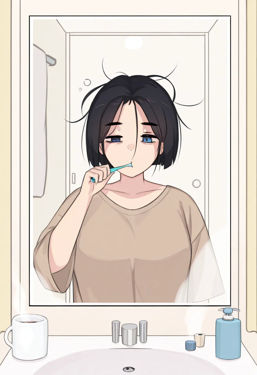 1girl, solo, akiyama yuko, blue eyes, black hair, short hair, brown shirt, long sleeves, 
brushing teeth, sleepy eyes, messy bedhead, oversized t-shirt, mirror reflection, bathroom setting, steam on mirror, warm morning light, casual atmosphere
<lora:Character_Akiyama Yuko:1>