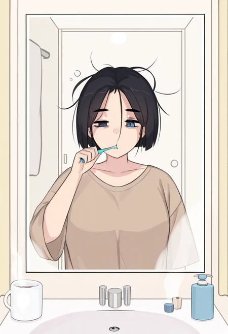 1girl, solo, akiyama yuko, blue eyes, black hair, short hair, brown shirt, long sleeves, 
brushing teeth, sleepy eyes, messy bedhead, oversized t-shirt, mirror reflection, bathroom setting, steam on mirror, warm morning light, casual atmosphere
<lora:Character_Akiyama Yuko:1>