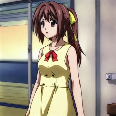 <lora:Sohara_pony_v1:1>SoharaDress, 1girl, brown hair, dress, brown eyes, ponytail, hair ribbon, long hair, cowboy shot