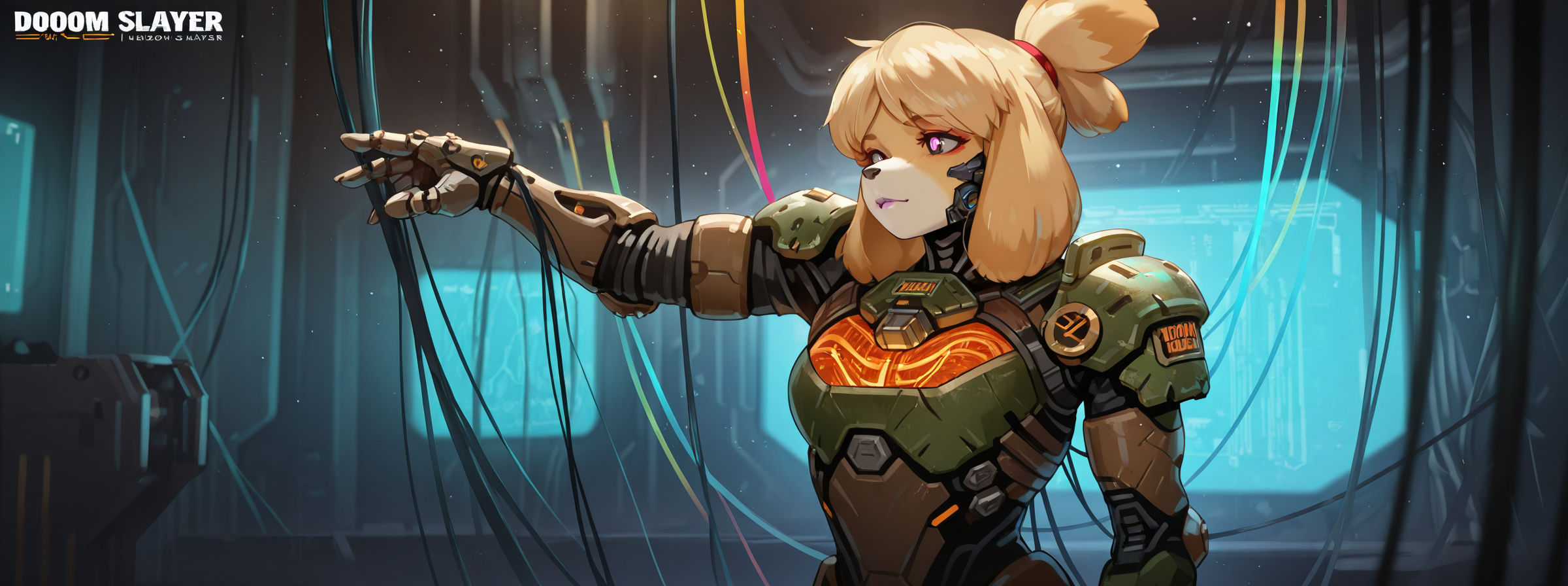 ultra detailed, masterpiece, best quality, solo, 1female, furry, isabelle, doom slayer armor, multicolored, adult, prosthetic limb, neon glowing clothes, makeup,  neon glowing intricate details, volumetric lighting, pose, proud, futuristic, cyberpunk, indoors, moist, particles, machines, cables, technology, futuristic room, particles, darkness, out of frame, close-up, <lora:Steamed_Egg_Style_IL:1>