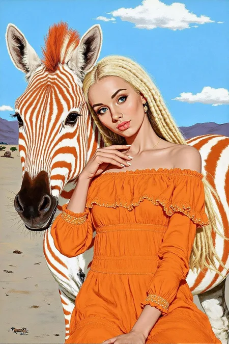 kard1 illustration.
a woman and a zebra against a vast, arid landscape under a bright, sunny sky. The woman, with long, flowing dreadlocks dyed in a gradient from white to a vibrant orange, is dressed in an off-shoulder, long-sleeved, orange dress made of a textured fabric that appears to be a blend of cotton and silk. The dress has a ruffled hem and intricate embroidery along the neckline and sleeves. She is leaning affectionately against the zebra, which has striking white and orange stripes, creating a harmonious blend of colors. The zebra's mane is also dyed orange, matching the woman's hair. The woman's skin tone is light, and her eyes are accentuated with subtle makeup, giving her a natural yet striking appearance. The background consists of a vast, sunlit landscape with dry, sandy terrain and sparse vegetation, indicating a desert environment. The sky is mostly clear with a few scattered clouds, suggesting a bright, clear day. <lora:kard1_cap_d6a3:1.0><lora:816557155374170091:0>