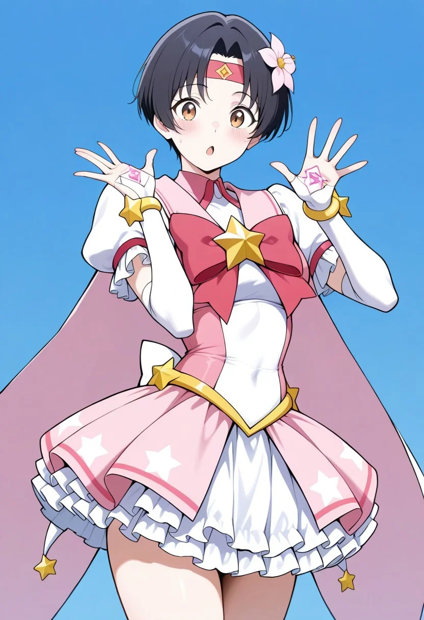 masterpiece, best quality, ultra-detailed, absurdres, newest, anime_screencap, anime_coloring, 1girl, solo, linroninsoul, black hair, very short hair, parted bangs, hair flower, headband, brown eyes, Jedmgo, magical outfit, frilly skirt, star motifs, hand signs, open mouth, :o, cowboy shot,