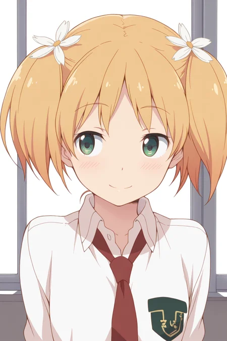 masterpiece, best quality, amazing quality,
 <lora:Yuu_IL:1> yuu, 1girl, hair flower, flower, hair ornament, solo, smile, twintails, blonde hair, necktie, green eyes, school uniform,