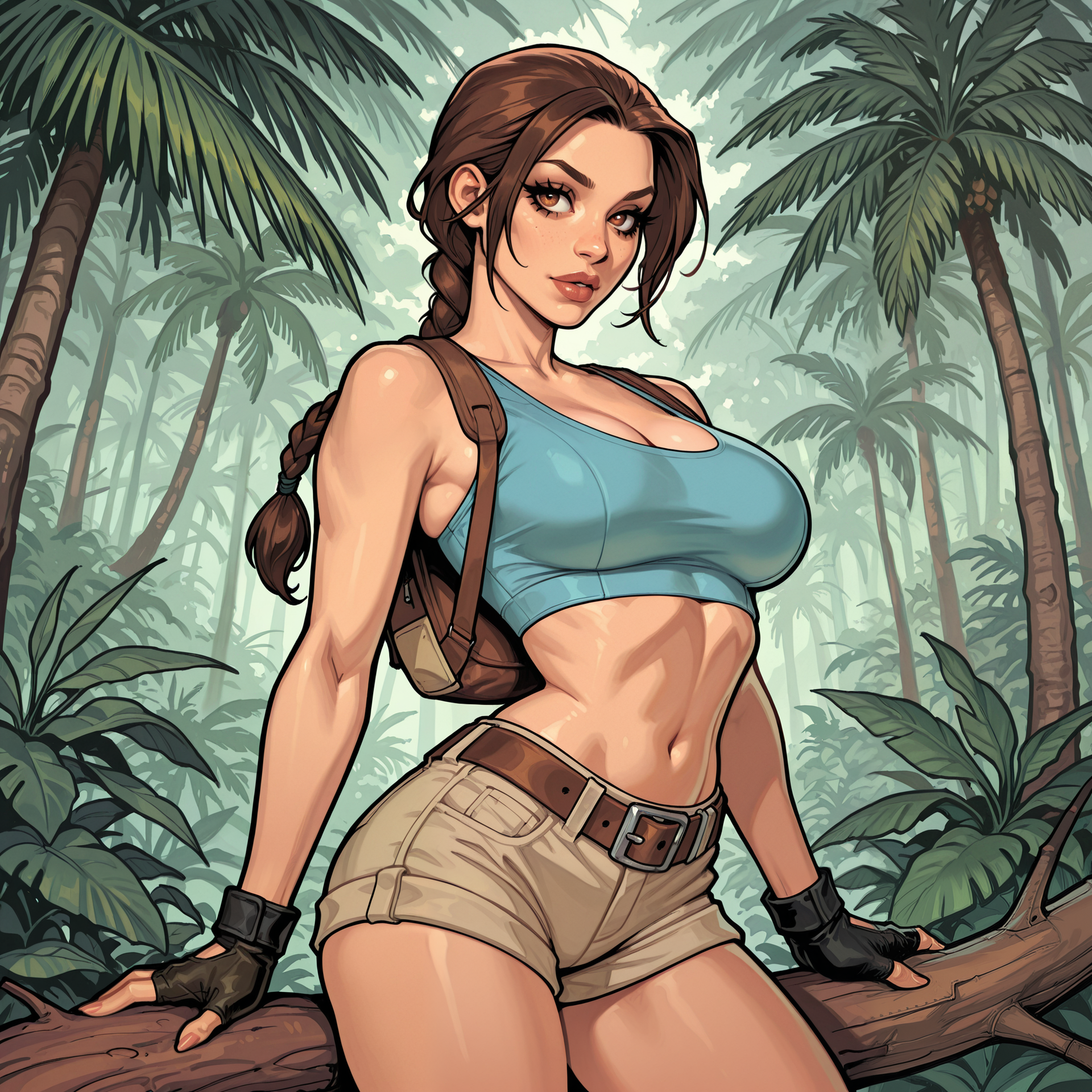 2d, concept art,

masterpiece, best quality, amazing quality, highres,

BREAK

eye contact:1.15, facing viewer:1.25, cowboy shot, 

pinup pose, back leaning against jungle tree, dynamic shot, dynamic angle, sexy poses, {front angle|side angle|back side angle}

BREAK

perfect character, perfect hands, perfect fingers, detailed character, detailed face, detailed eyes, detailed eyelashes, detailed lips, 

1girl, ((solo)), lara croft, caucasian girl, brown hair, braided ponytail, ((long parted bangs)), brown eyes, long eyelashes, 

fit body, medium breasts, almond shaped eyes, long eyelashes, small narrow waist, wide hips, skindentation, 

BREAK 

light blue sports bra, beige cargo shorts, short shorts, brown leather belt, black fingerless gloves, mini brown leather backpack, 

BREAK 

detailed background, detailed scenery, outdoors, tropical jungle,