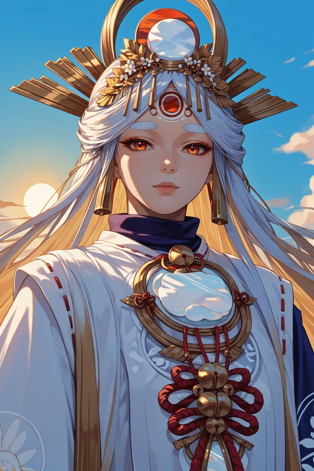 score_9, score_8_up, score_7_up, score_6_up, source_anime, 1girl, solo, <lora:miketsu-pdxl-nvwls-v1-000005:1> divmiketsu, white hair, headdress, hair ornament, japanese clothes, white dress, wide sleeves, looking at you, mature female, close-up, blue sky, sun