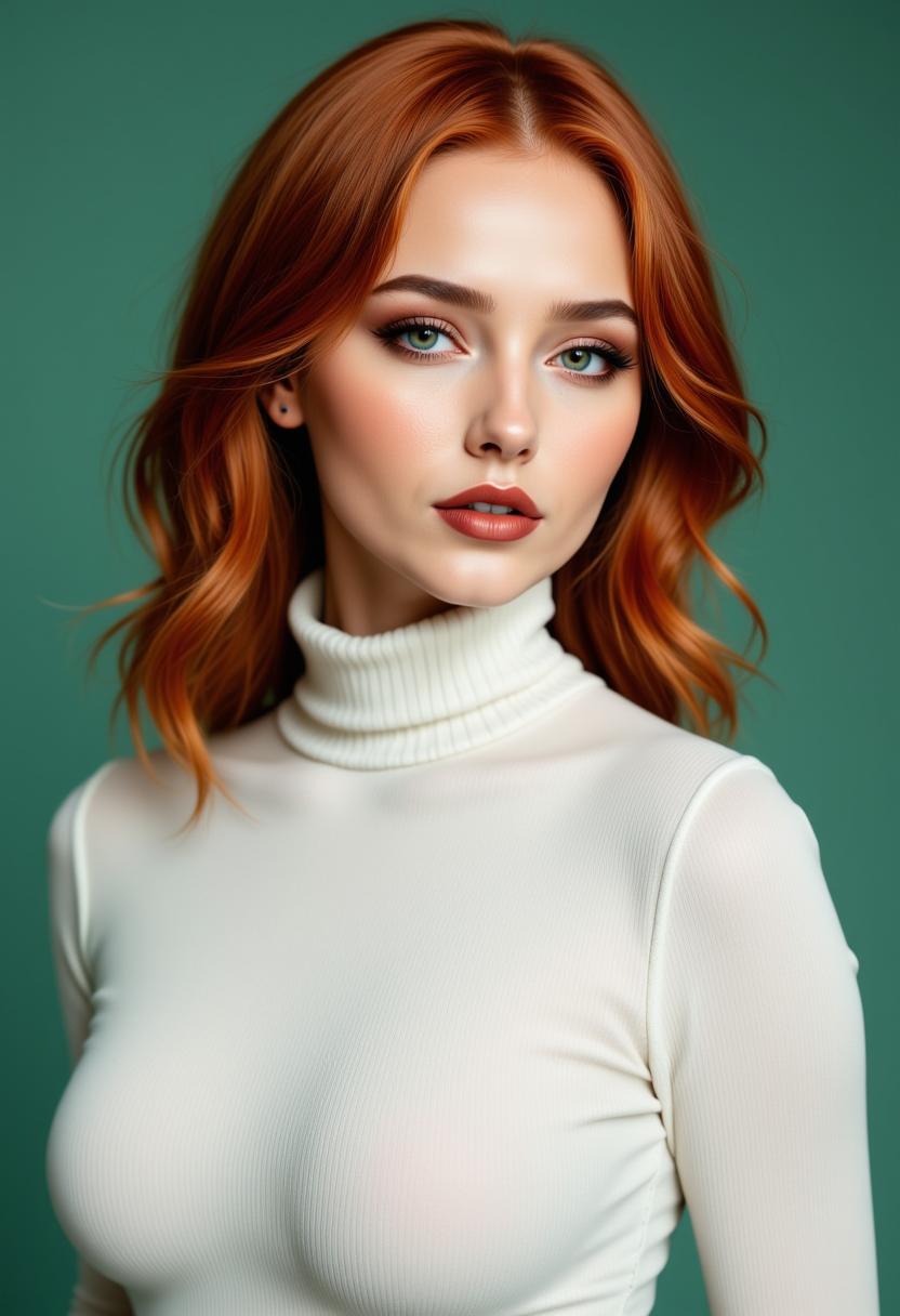 Headshots,a digital painting of a beautiful woman,Hyperrealistic, she is smiling, dynamic angles, multiple angles, photoshoot poses; A photo of Readhead 5, a woman with red hair, she has massive breasts, a beautiful girl,she is wearing a white turtleneck sweater.she has massive breasts, she has piercing eyes. a dynamic pose and a sense of action. simple green background, and the lighting is soft, creating a dramatic effect, creating a focused and dynamic pose.; the scene is set in a beautiful well-lit environment, with a sense of action and adventure. Style: realistic hyper-detailed rendering, 32k UHD, expressive eyes, punk, graphic design, girl's face, pretty and cute, gleaming lips, telling a tale of adventure. Exuding confidence and serenity. The overall mood of the image is happy and relaxed, detailed skin texture,(blush:0.2),(goosebumps:0.3), subsurface scattering,with a playful and whimsical tone,aidmafluxpro1.1, perfection style,