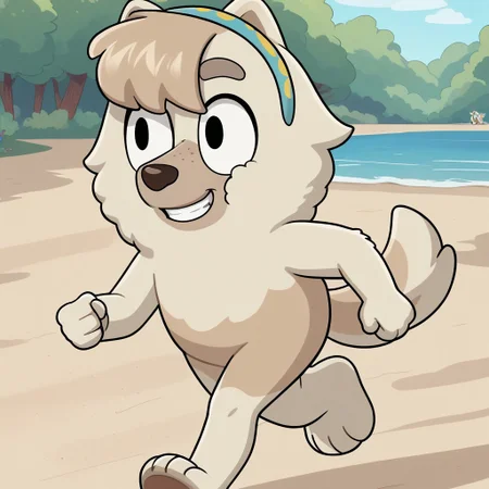 score_9, score_8_up, score_7, source_cartoon, Judo(Bluey), Solo, 1girl, anthro, female furry, dog girl, chow chow, white and gray fur, fluffy fur, bangs, fluffy tail, black eyes, freckles, blue and yellow hairband, full body, looking at viewer, running, smiling, beach setting, sunny,