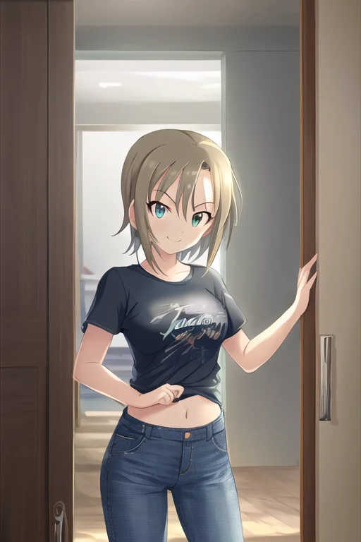 Tada Riina, 1girl, blue pants, breasts, clothes writing, denim, doorway, green eyes, grey shirt, indoors, jeans, light brown hair, short hair, medium breasts, pants, shirt, short sleeves, solo, standing, smile
<lora:deresute-000016:1>