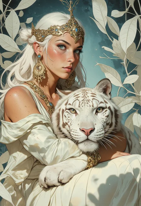 A highly detailed digital artwork captures a striking close-up of a woman and a white tiger, blending luxury with nature. The woman, with extremely pale skin and long, flowing white hair, sits gracefully at the center, surrounded by ethereal white leaves. Her intense, serene expression contrasts beautifully with the purity of her surroundings. She is adorned with elaborate jewelry—an ornate golden filigree headdress delicately perched atop her head, and large, intricate earrings framing her face with sophistication. Her makeup is bold, with dramatic smoky eyes and deep red lips, further emphasizing her regal, powerful aura. The white tiger, with sleek, snowy fur and piercing eyes, lies protectively across her body, creating an intimate yet commanding connection between the two. The tiger’s elegant form contrasts beautifully with the soft, flowing lines of the woman’s attire. She wears a pristine white gown, the fabric soft and flowing, accentuating her graceful presence. The background is filled with delicate white leaves, ranging from long, slender blades to broad, graceful surfaces, creating a dynamic texture. Soft, diffused lighting casts an ethereal glow on both the woman and the tiger, highlighting their luminous features. The composition radiates opulence,