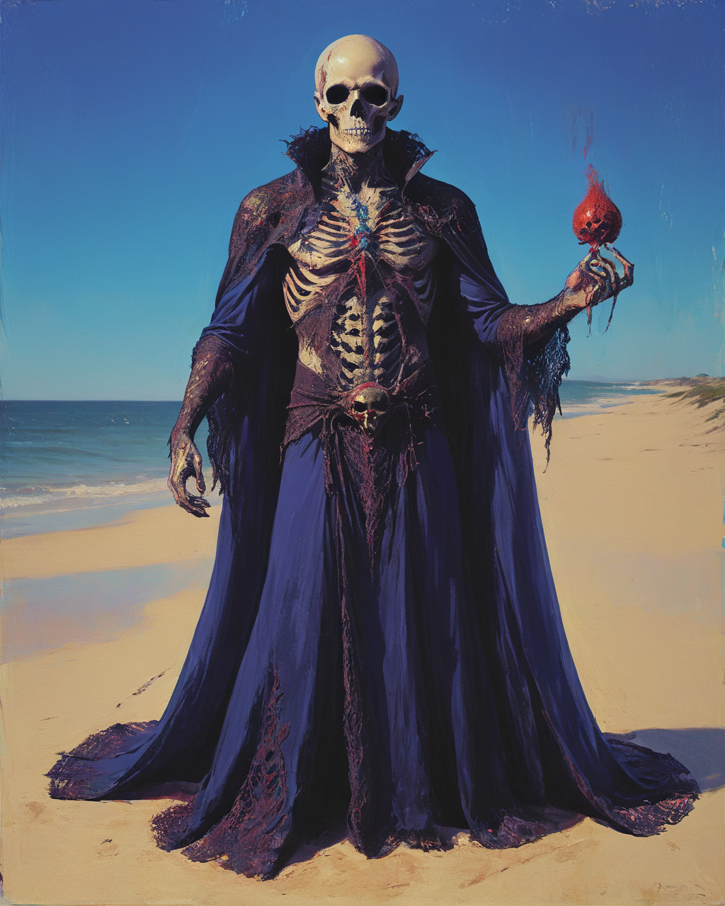 Side lighting, beach, Lace and Shantung Silk, Concept Art World, (Male Necromancer:1.3) , the Necromancer is Gruesome, Radiant, Nikon Z9, anaglyph filter, Gore-Tex, Manic, Queencore, Canon 5d mark 4, Lazuli dust particles, Schiffli Lace and Silk Satin, <lora:Bold_Pop:1>