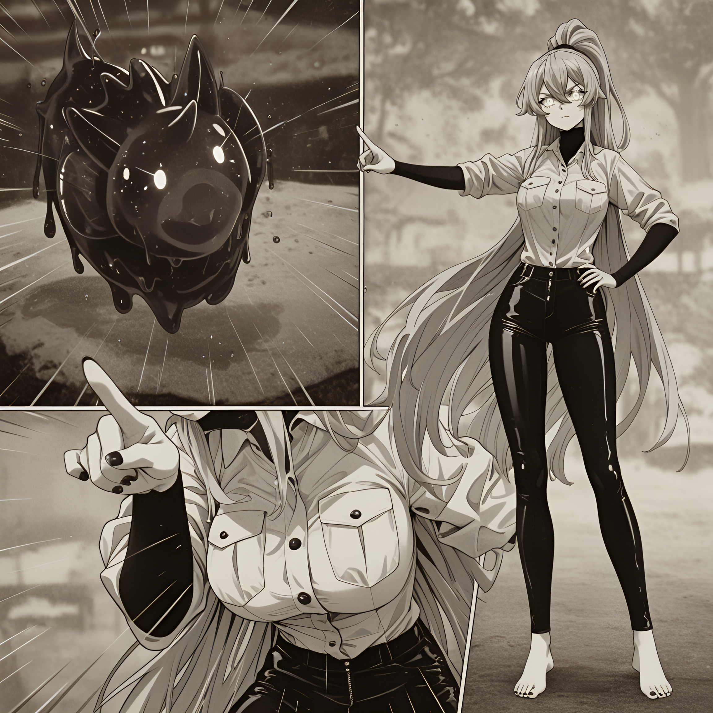 tech trainers, Oil slick hair, Leather pants with a side zipper and a silk blouse with buttons., motion_blur:1.1, angry, absurdres, nostalgic_shadows, pointing - Extending index finger towards something specific, loyal bonds, motion_lines:1.1, large breasts, love in circuits, 2boys, urban companions, pointing holy sword towards the enemy, slime_(creature), Esdeath (Akame ga Kill), glowing eyes, depth of field, ultra-detailed, blurry background, retro_view, High ponytail, anime character, robotic pups, masterpiece, standing, newest, very long hair, Sparkling / Glittering Effects, very aesthetic, futuristic care, classic_contours, slime, best quality, escher-style geometry, 3koma, thunderstorm, absolutely eye-catching, Cybernetic pet store, custom mods, playful beeps, fox_ears, barefoot, pale skin, ambient occlusion, Grayscale Theme, aged_details, hanging breasts, amazing quality, HDR, 1girl, vintage_sepia, nail_polish, old_film_glow, 8K