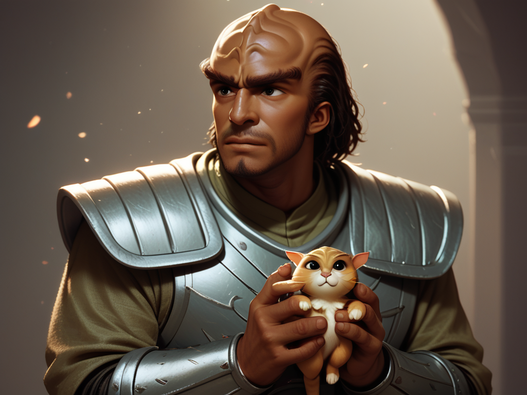 holding a cute kitten <lora:Klingon_v2_pony:1> score_9,score_8_up,score_7_up,score_6_up,score_5_up,score_4_up , 1man, kling0n alien, large forehead ridges, brown skin, large eyebrows, wearing warrior armor,