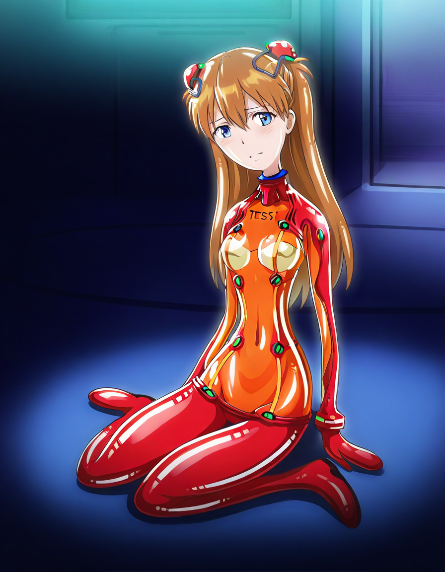 best quality, masterpiece, absurdres, detailed background, centered, centered, view,  1girl, inside, science lab.
 <lora:goldenbubblestf:1.3>, golden_bubble_tf, shiny skin, oily skin,
 <lora:asuka_seva_illus:0.8>, shikinami asuka langley, brown hair, long hair, hair ornament, bangs, blue eyes, small breasts, interface headset, red bodysuit, orange bodysuit, test plugsuit, pilot suit, on the floor