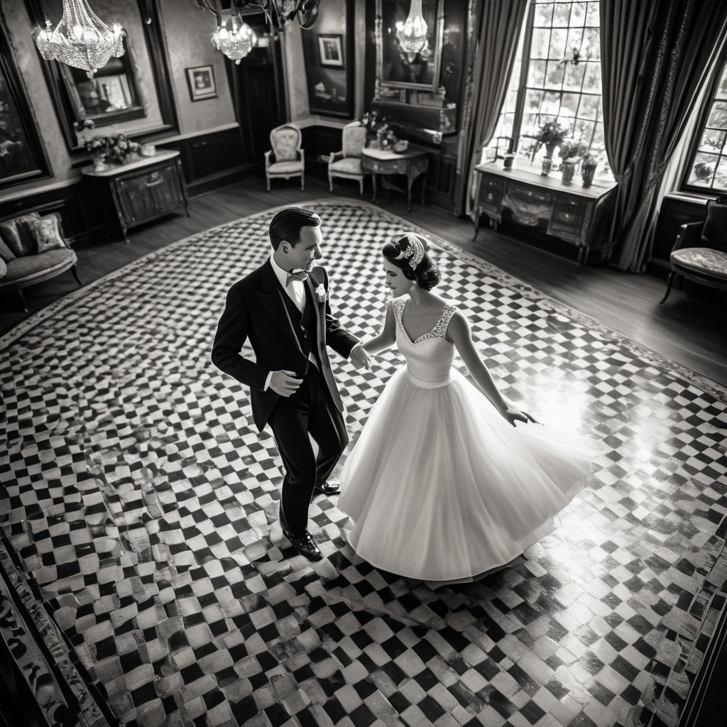 1male, 1female, Graceful couple in stunning vintage outfits, dancing elegantly with poise in a vintage-era setting, retro black and white theme, capturing timeless elegance, focus on the couple as they move gracefully together, with a collection of cherished couple photos displayed in the background, viewed from a bird's-eye perspective, adding depth and a unique angle, enhancing the nostalgic and romantic ambiance.