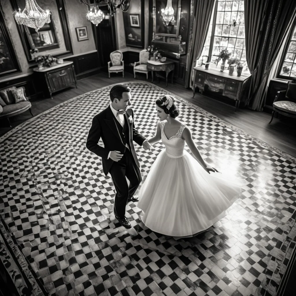 1male, 1female, Graceful couple in stunning vintage outfits, dancing elegantly with poise in a vintage-era setting, retro black and white theme, capturing timeless elegance, focus on the couple as they move gracefully together, with a collection of cherished couple photos displayed in the background, viewed from a bird's-eye perspective, adding depth and a unique angle, enhancing the nostalgic and romantic ambiance.