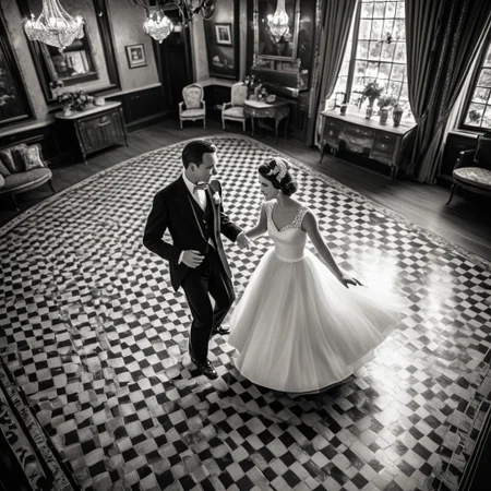 1male, 1female, Graceful couple in stunning vintage outfits, dancing elegantly with poise in a vintage-era setting, retro black and white theme, capturing timeless elegance, focus on the couple as they move gracefully together, with a collection of cherished couple photos displayed in the background, viewed from a bird's-eye perspective, adding depth and a unique angle, enhancing the nostalgic and romantic ambiance.