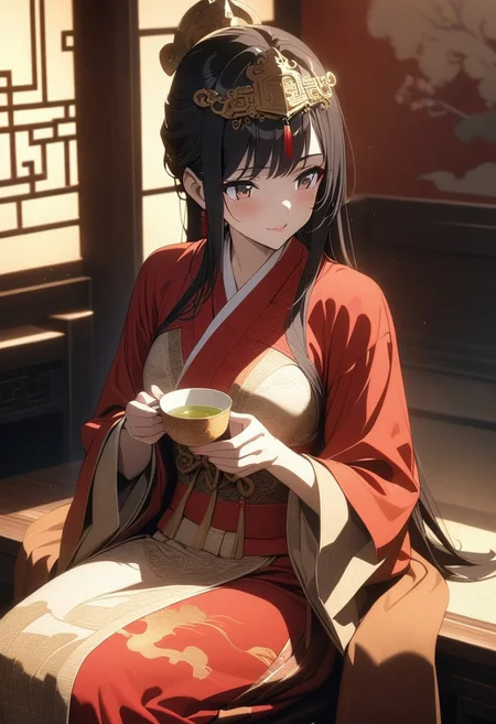 gorgeous lips, cinematic, (masterpiece), (best quality), (ultra-detailed), very aesthetic, illustration, perfect composition, intricate details, absurdres, detailed face, (anime, masterpiece, intricate:1.3), (best quality, hires textures, high detail:1.2)
1girl, pale skin, brown eyes, long straight black hair, medium breasts, traditional chinese clothing, red silk hanfu, wide sleeves, long hanfu dress, royal print, song dynasty style hanfu, red slippers, chinese headpiece,
sitting, in a chinese aesthetic room, soft lighting, red and gold room aesthetics, holding a tea cup, looking forward, shy smile, supermodel photoshoot, cowboy shot, cinematic lighting, studio lighting