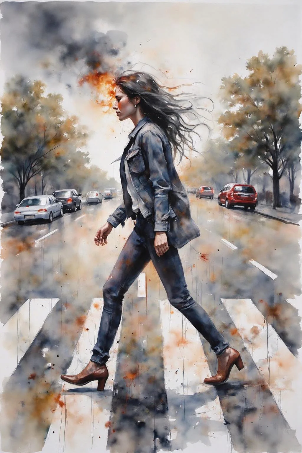 yawc1 watercolor.
Fantasy artwork. Profile of a woman with long black hair walking across the street at zebra crossing. Her hair is on fire, with black Smoke coming out of her head. <lora:yawcolor_flor2_d4a2:1.0><lora:798981204306271290:0>